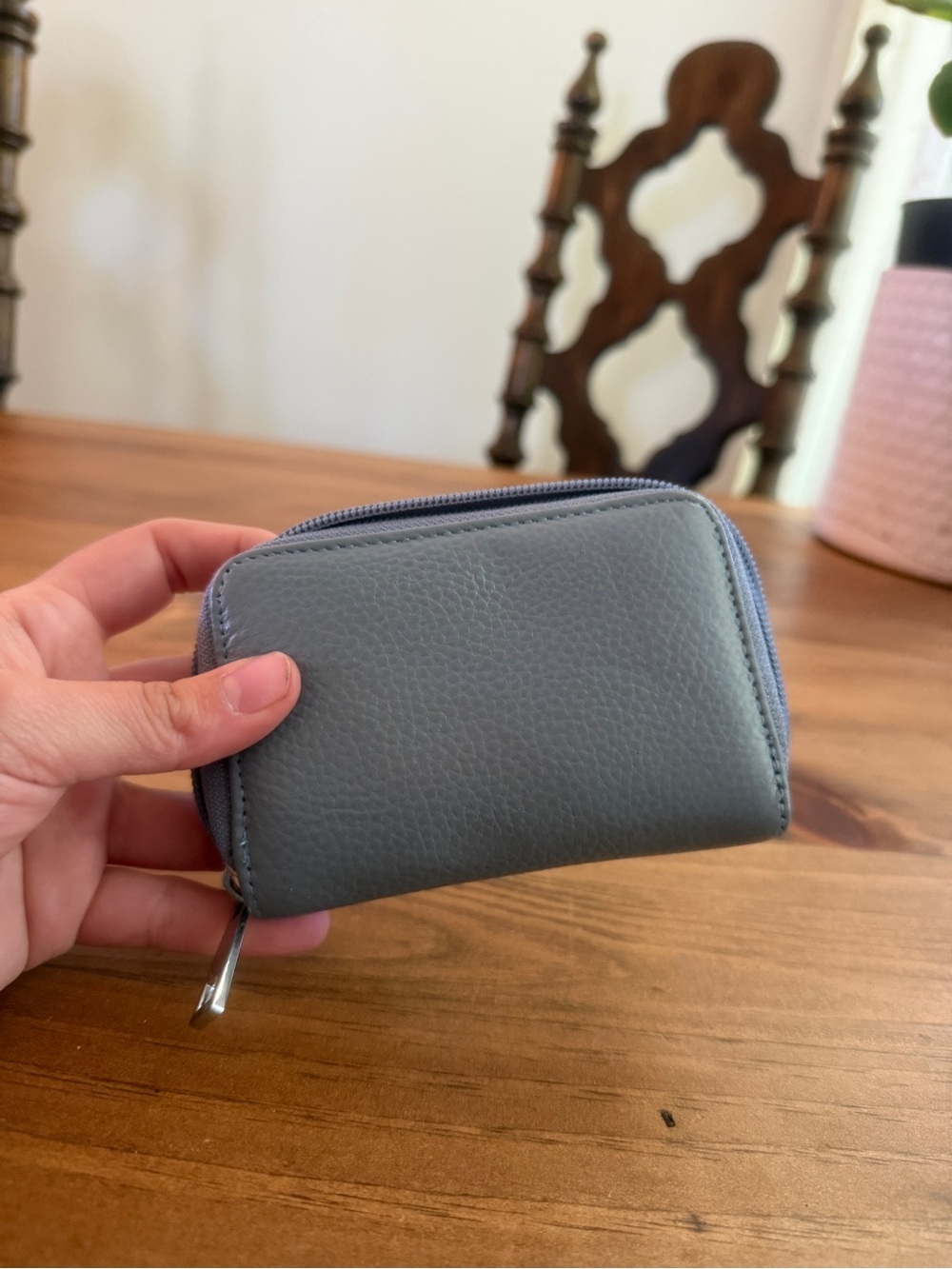 Compact Gray Leather Zip Card Wallet - Picture 7 of 10